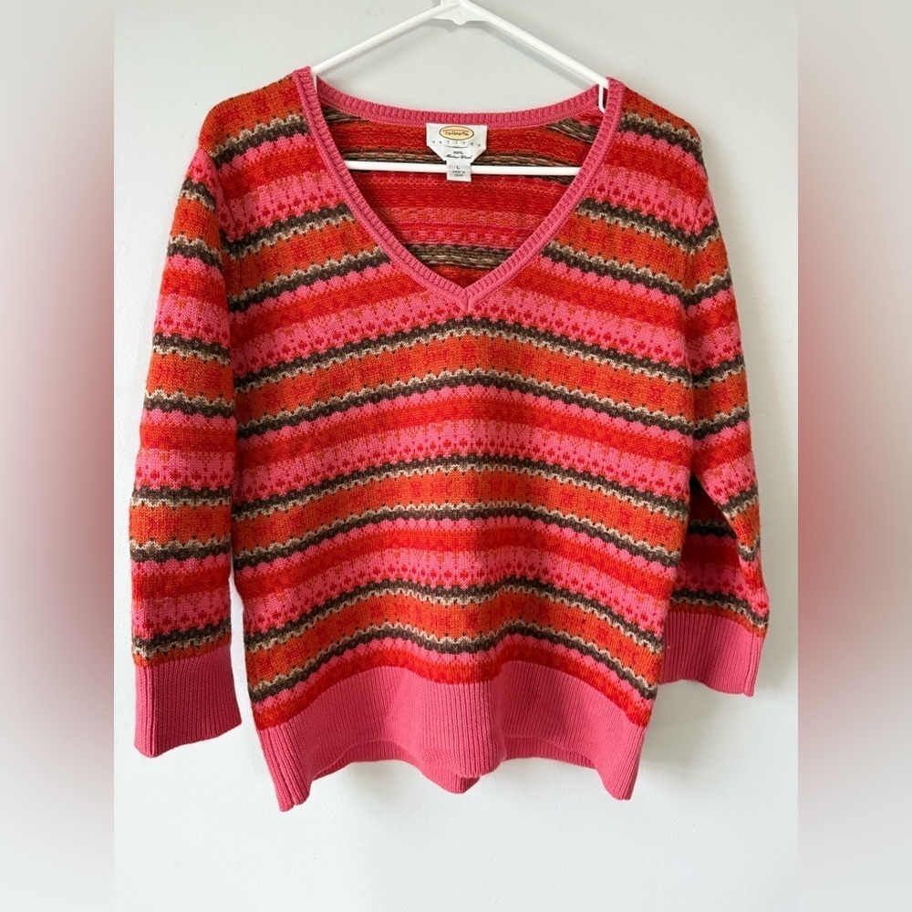 VTG Striped V-Neck Wool Sweater Multi Color Pink Red Green Hippie Boho Size S M